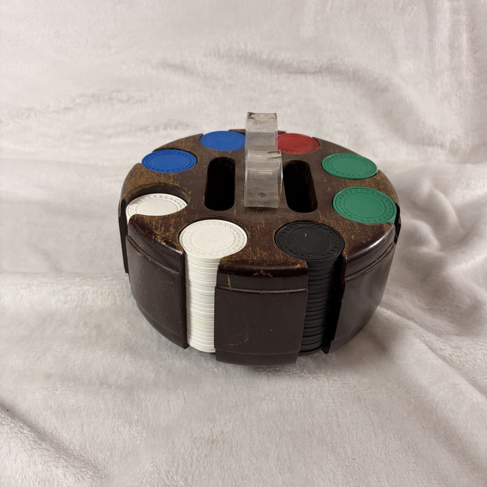 Vintage 60s Rotating Poker Rack Wooden Card Case Carousel Clear Handle 176 Chips